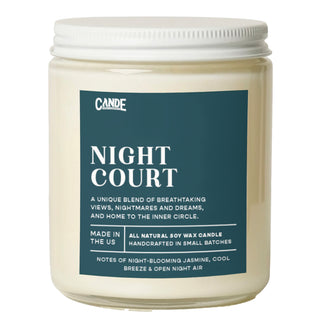 Candle labeled Night Court on a white background